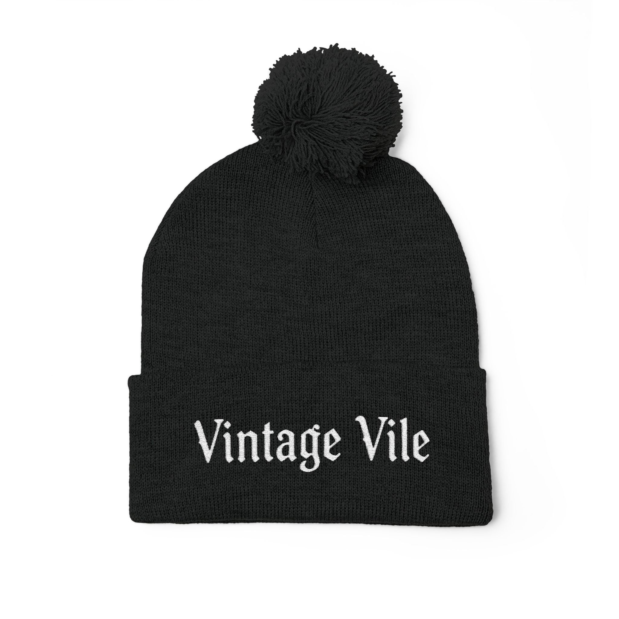 Vintage Vile Beanie — Pom-Pom Knit Cap with Embroidered Logo