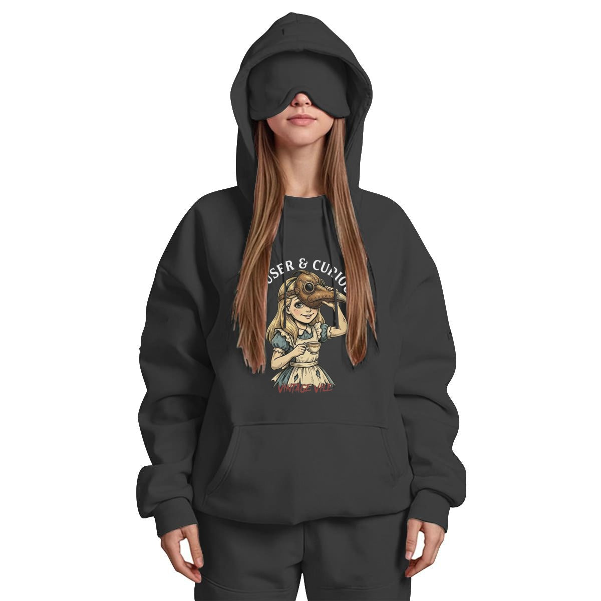 Curiouser and Curiouser Maladies: Women's Travel Nap Hoodie with Built-in Eye Mask|